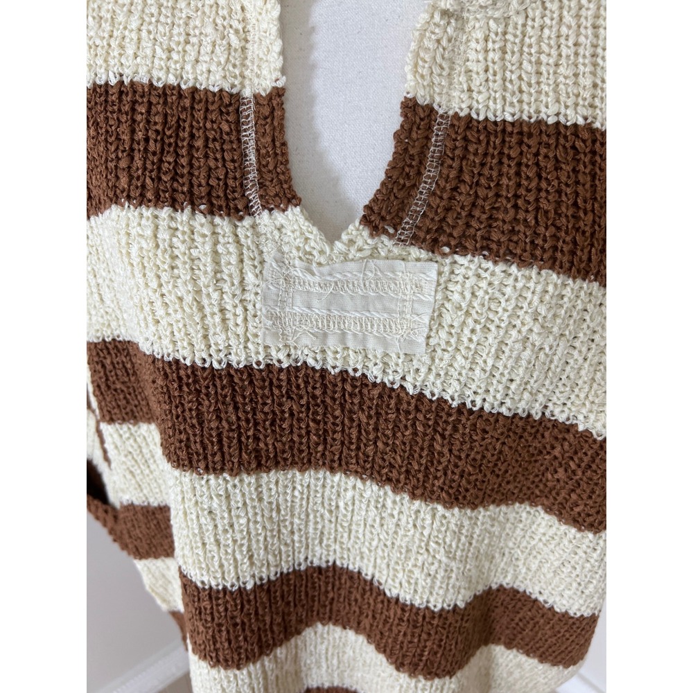 Zenana Striped Knit Sweater Deep Camel Cream V-Neck Short Sleeve L/XL - Picture 4 of 13